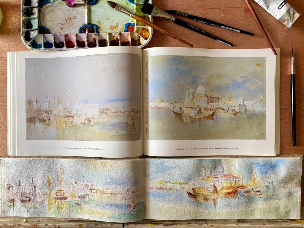 Two pages with watercolours from Turner's Venice by Lindsay Stainton on top, below two watercolour sketches by bernardoliver.art